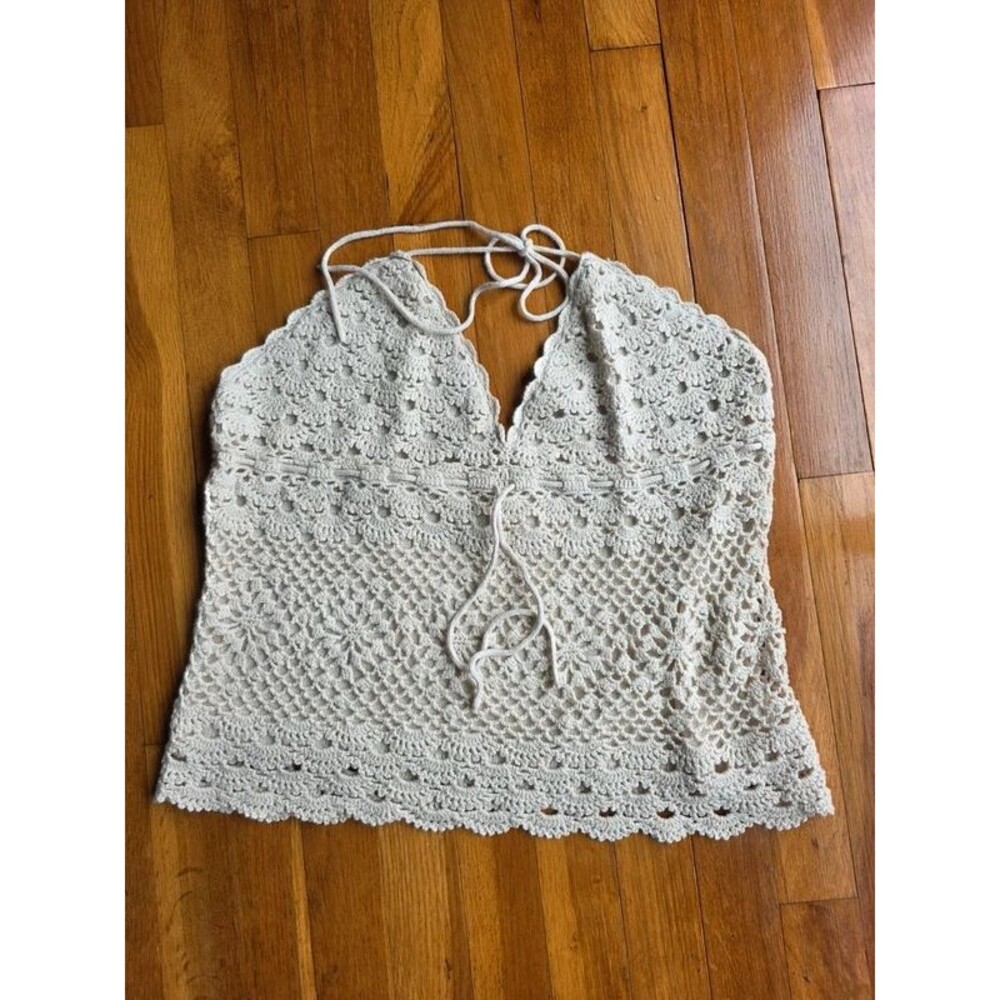 NWT Vintage Crochet Halter Top - Size L Cottagecore Lace Tie Neck - Size L - Picture 3 of 6